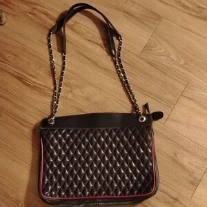 Quilted Leather Shoulder Bag in Black with Red Trim Italian Leather Bag Vintage